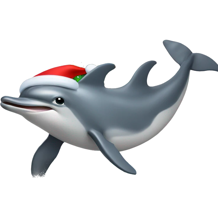 Dolphin riding a wave holding a Christmas tree emoji
