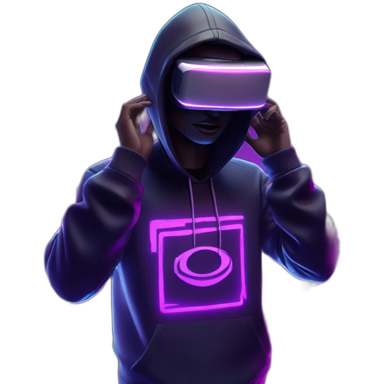 Donald Trump wearing a black hoodie with "OMG" letters on it and VR headset in a cyberpunk VR environment with violet neon lighting. emoji