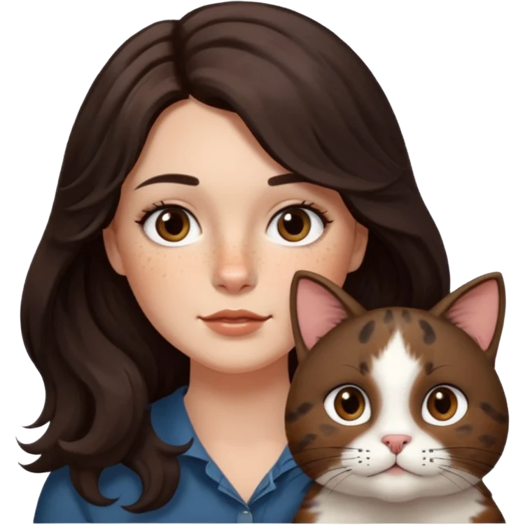 Uzun koyu kahverengi dalgalı saçlı, çenesinde beni olan ve yüzünde biraz çiller olan, iri koyu kahverengi bol kirpikli gözlü sevimli bir yüzü katlı kesim bir saçı olan kadın yap yanına da kilolu kahverengi bir kedi yap emoji