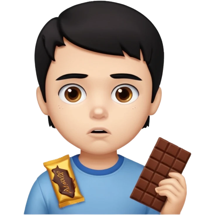 a PRETTY BRATZ boy with black hair eating chocolate and looking sad emoji