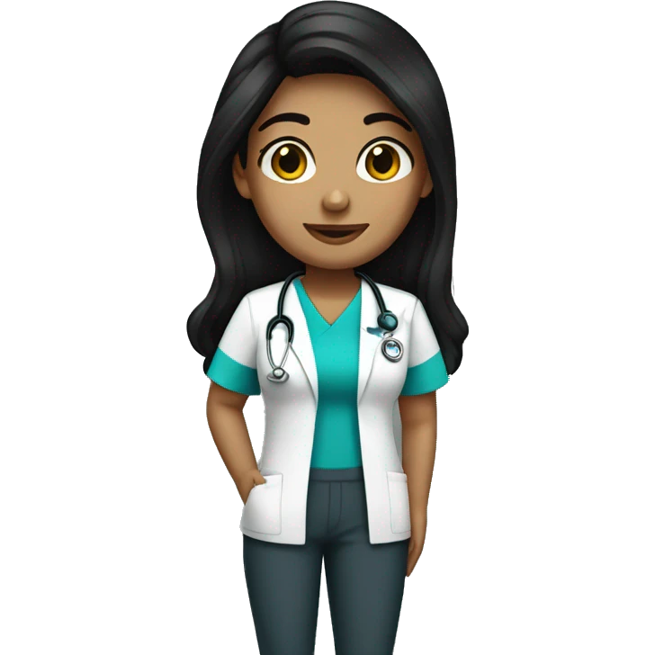 Tan nurse with scrubs long black hair emoji