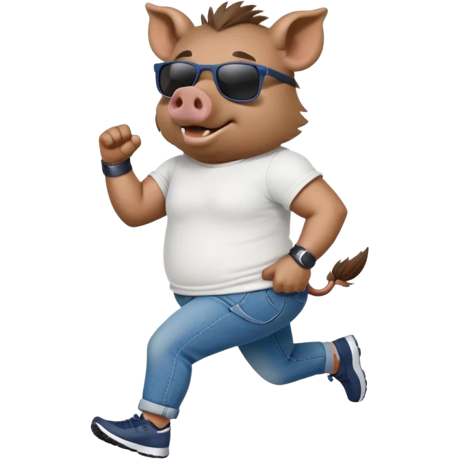 friendly anthropomorphised boar in jeans and a t-shirt, wearing dark sunglasses, jogging upright, standard pose emoji