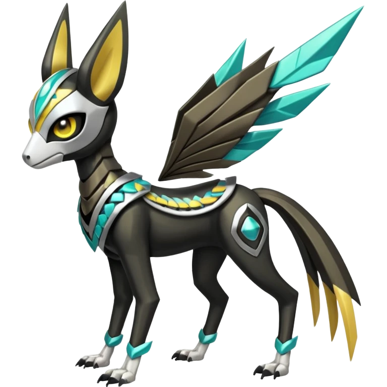 Futuristic feral quadrupedal Arrow-patterned chevron-marked Big-eyed anime-styled Colorful Shiny Tribal Skeletal masked armored Meloetta-Silvally-Solgaleo-Raikou-Pokémon-Digimon-Fakémon-fusion-hybrid-creature, full body emoji
