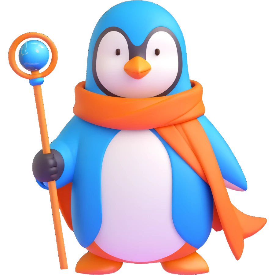 penguin wizard with a blue robe and magical staff emoji
