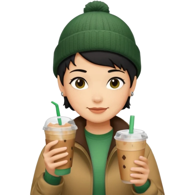 tan skin, non binary person with pixie cut black hair, wearing brown jacket and dark green beanie, shy smile , holding iced coffee  emoji