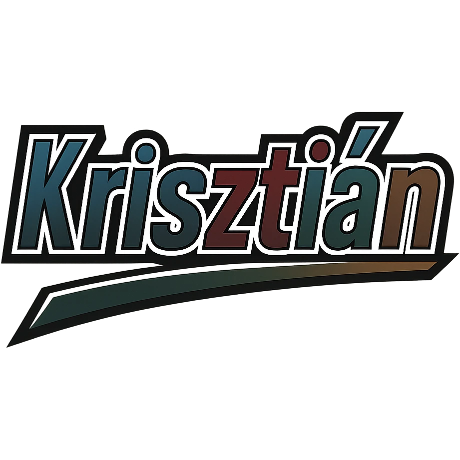 Text design of the name 'Krisztián' in a masculine, modern gradient font with precise Hungarian characters, dark contour, extra thick, prominent white border as in the uploaded sample, dynamic slanted underline, masculine color shades including blue, gray, burgundy, green, and brown, 1000x1000 px, PNG, transparent background. emoji