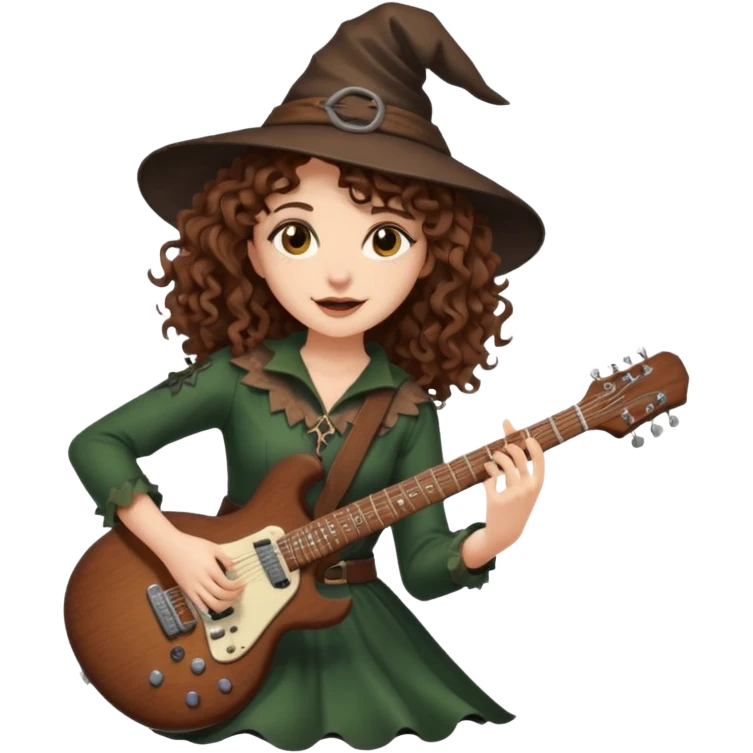 Brown eyes, brown hair curly forest witch playing electric guitar emoji
