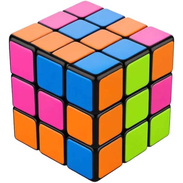 A 3x3 Rubik's Cube completely scrambled, with 90s American color palette, fluorescent orange, lime green, hot pink, electric blue, viewed from above emoji