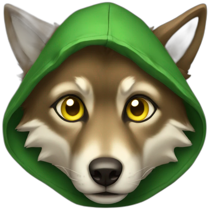 small brown wolf with yellow eyes and a green hood that sadly emoji