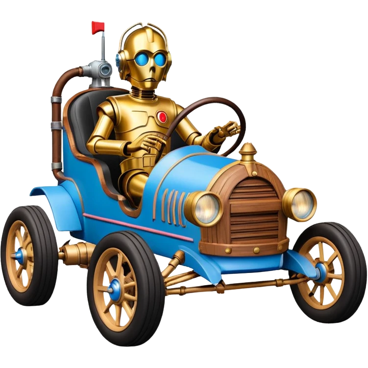  tarnished blue neon underglow C-3PO ghost buster 1927 delicately ornate rosegold wood barrel accents Model-T bucket efficiently powered by electric motors and batteries with racing safety belts while flying rapidly roughening terrain stable on strong agile advanced suspension and steering emoji