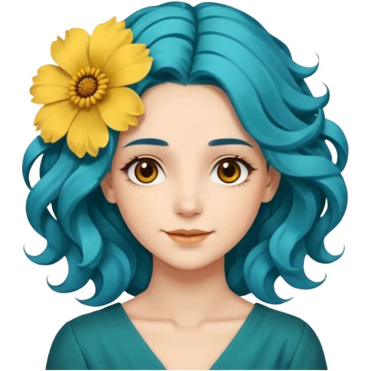 A woman with wavy teal-blue hair styled in loose curls. Her hair is adorned with large golden-yellow flower petals She has soft brown eyes, smooth skin, and a small friendly smile on her face. emoji