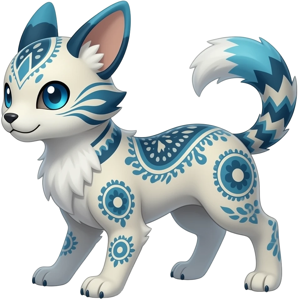 paisley-patterned Short-legged quadrupedal elegant oriental feral painted Absol-Glaceon-Sylveon-animal-Fakémon-fusion-hybrid-creature emoji