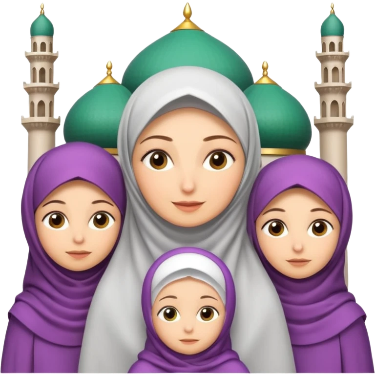 A picture of a mother with several daughters around her, the mother is wearing a veil and they are all in an Iranian Muslim mosque. Cartoon. 3D emoji