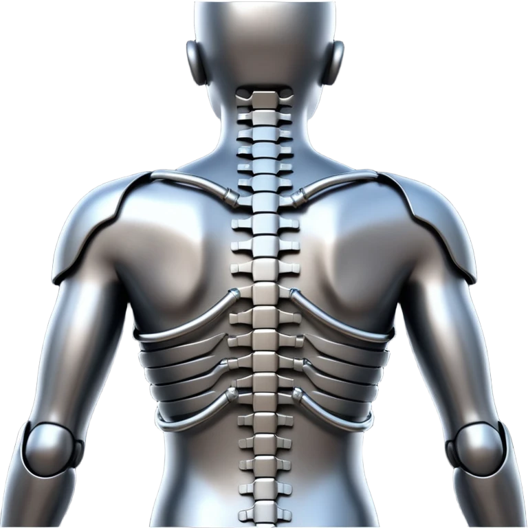 3D render of Exoskeleton Spine, futuristic cyborg aesthetic, fusion of organic skin and chrome metal, chrome metal vertebrae on a human back, emoji style, isolated on white background --v 6.0. emoji