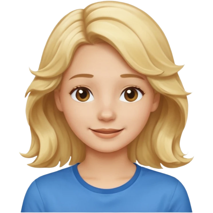 Happy blond girl with light weavy hair with a blue shirt but we can see only her face and neck and the top of the t shirt, no whole body emoji