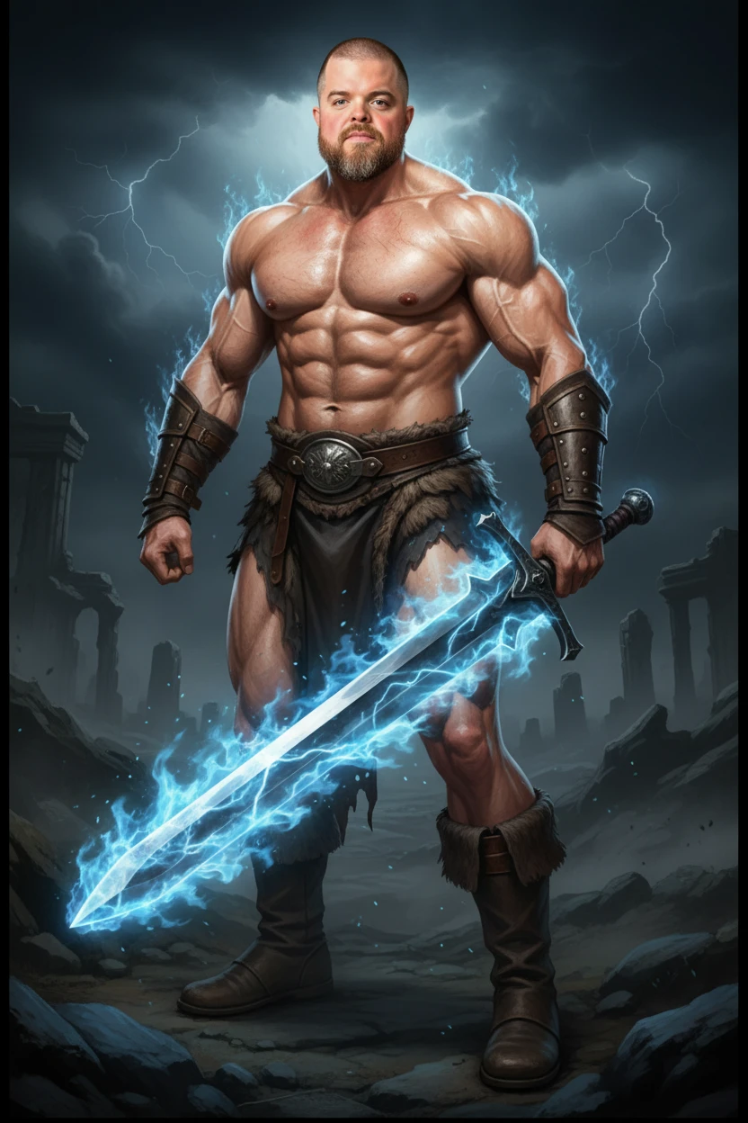 Turn this man into a conan the barbarian, with a flaming blue sword that is large, make him very muscular emoji
