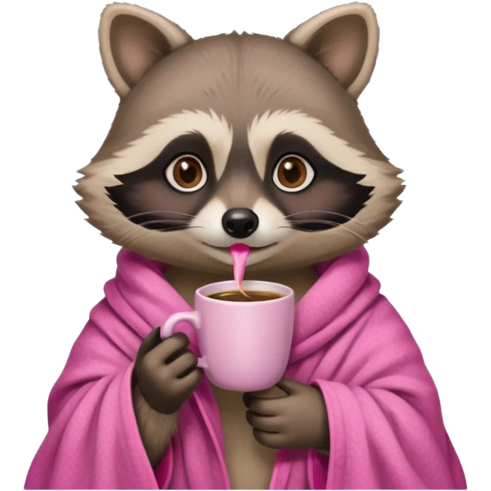 Female raccoon drinking coffee with pink blanket over her shoulders  emoji