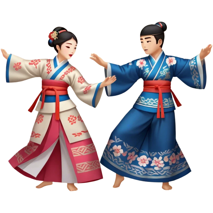 Cinematic Realistic scene of two performers engaging in Ganggangsullae, dressed in traditional Korean costumes with intricate patterns and graceful movements, illuminated by soft, festive lighting that accentuates the cultural ambiance emoji