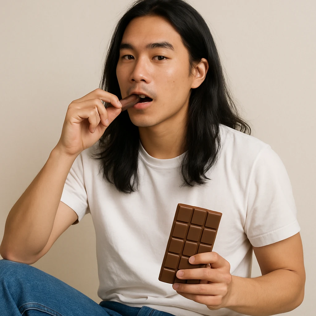 long haired Asian man eating chocolate, casual pose, white T-shirt and jeans, simple background emoji