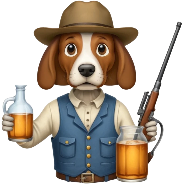 hillbilly basset hound head body of  man with moonshine and gun emoji emoji