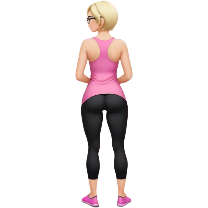 View from knees up, view from the back, fair skinned woman, curvy, short blond hair, small reading glasses, cooking dinner in kitchen, pink loose tank top, showing natural B cup breast shape SFW, black yoga pants, large curvy booty emoji