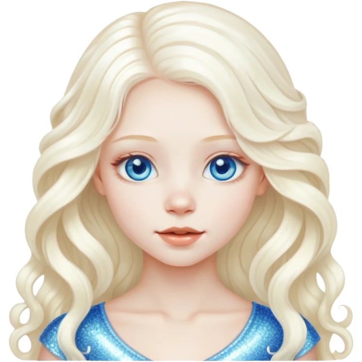 A beautiful albino girl with white long healthy and silky and wavy hair and blue sparkly eyes emoji