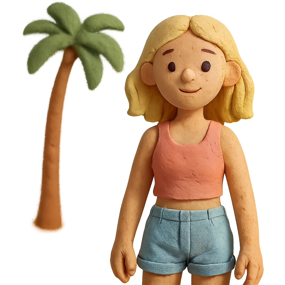 claymation style young woman in Malibu with pastel beach scene emoji
