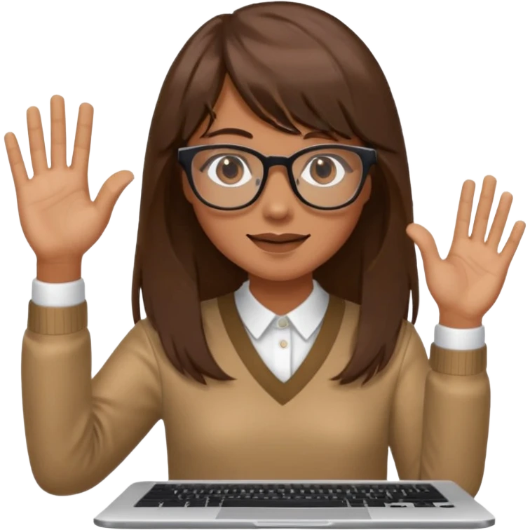 a designer with tan skin long brown hair bangs waving with computer emoji