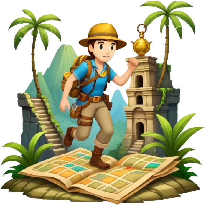 An icon featuring an adventurer in a dynamic action pose, with treasure maps, ancient ruins, and jungle landscapes in the background. The design includes clues, hidden passages, and climbing gear, symbolizing the thrill of exploration and discovery. Transparent background. emoji