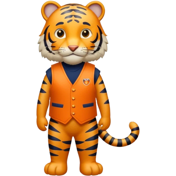 crea un tigre de cuerpo completo, que lleve un chaleco color azul marino y que en el chaleco lleve el nombre (telamon) emoji