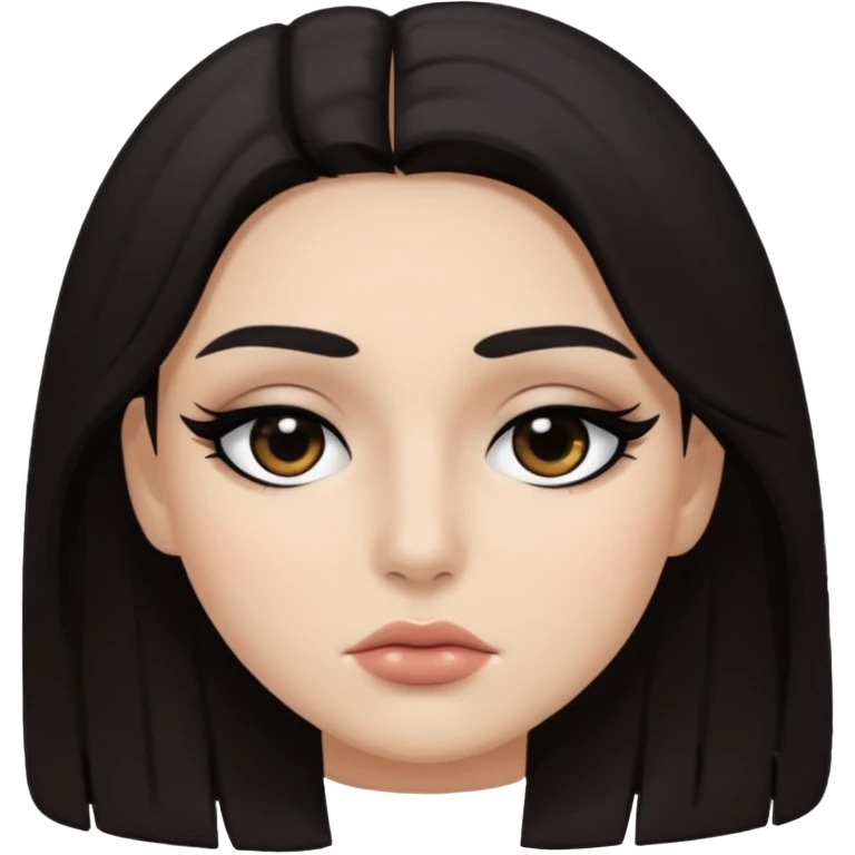 dark hair, sometimes covering part of the face, and dark makeup around the eyes.  emoji