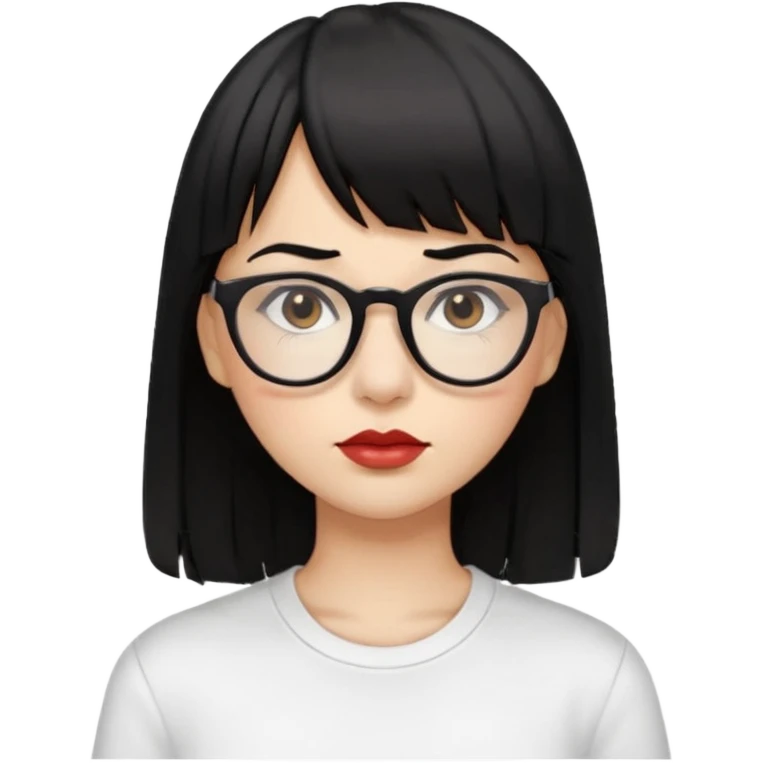 uma mulher snapchat icon, cor da pele normal, cabelo preto liso solto com franja, óculos pretos, piercing na boca e nariz, olhos castanhos, camisa branca emoji