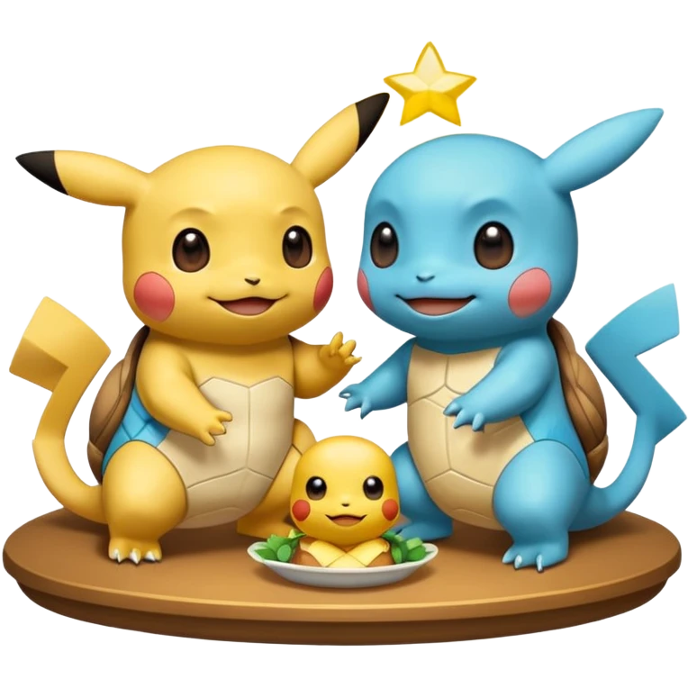  Pikachu has a light to share, but Squirtle has none. Pikachu sees this is unfair, so he shares the light with Squirtle. They smile and eat together. Show this as a cute Pokémon emoji scene about justice and fairness.

 emoji