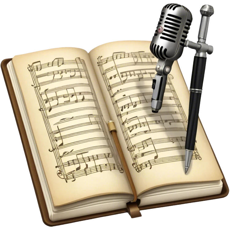 Create an emoji representing songwriting. The design should feature an open notebook or sheet music with visible lyrics between the musical notes, symbolizing the process of writing song lyrics. The text between the notes should be clearly visible. A pen or pencil should be placed near the notebook, indicating active writing. Optionally, include a single vintage microphone lying beside the notebook (not on the music notes) to add a creative touch. Use a harmonious color palette with warm and neutral tones. Do not include any emojis or smiley faces. Make the background transparent. emoji