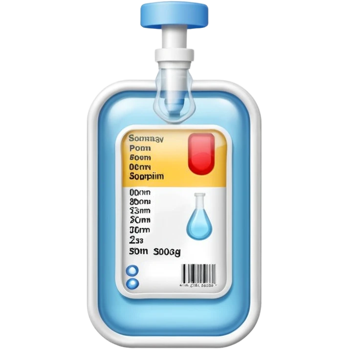 Hospital Intravenous fluid bag, 2 ports on the bottom side of bag, and is filled with 500ml, pharmacy label emoji