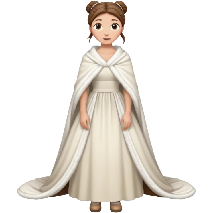 Cuerpo entero, chica blanca, pelo castaño, pelo recogido con mondongos, vestido novia largo hasta suelo con chal invierno cuerpo entero zapatos emoji