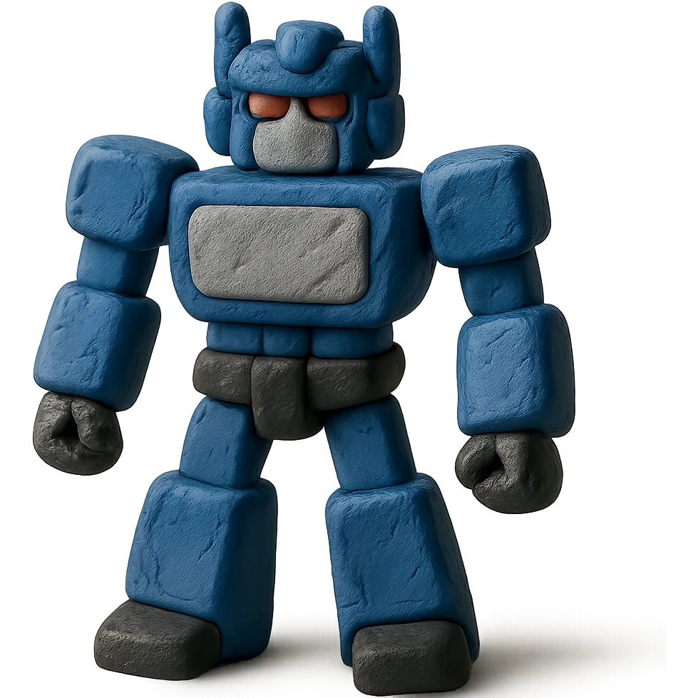 simple transformer robot in royal blue, black, and silver, claymation style with animated look emoji