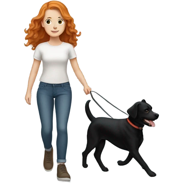 White girl with ginger hair walking black dog  emoji