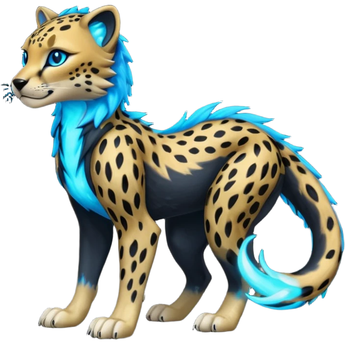 Obsidian-black fur body with bioluminescent neon glowing blue ring-markings Grem2-Gremz-Cheetah-Sergal-fusion, full body  emoji