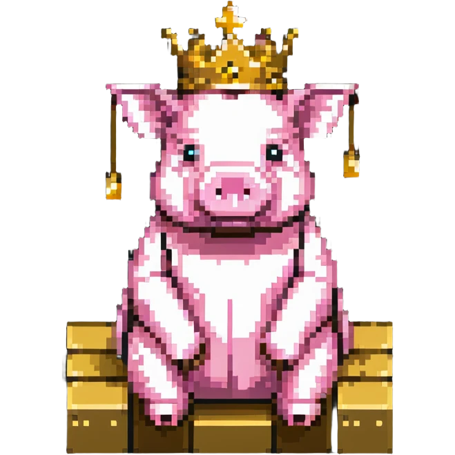 LEGO style pixel art pig with a golden crown sitting on a throne, classic LEGO brick shapes and studs, bright colors, simple and blocky emoji