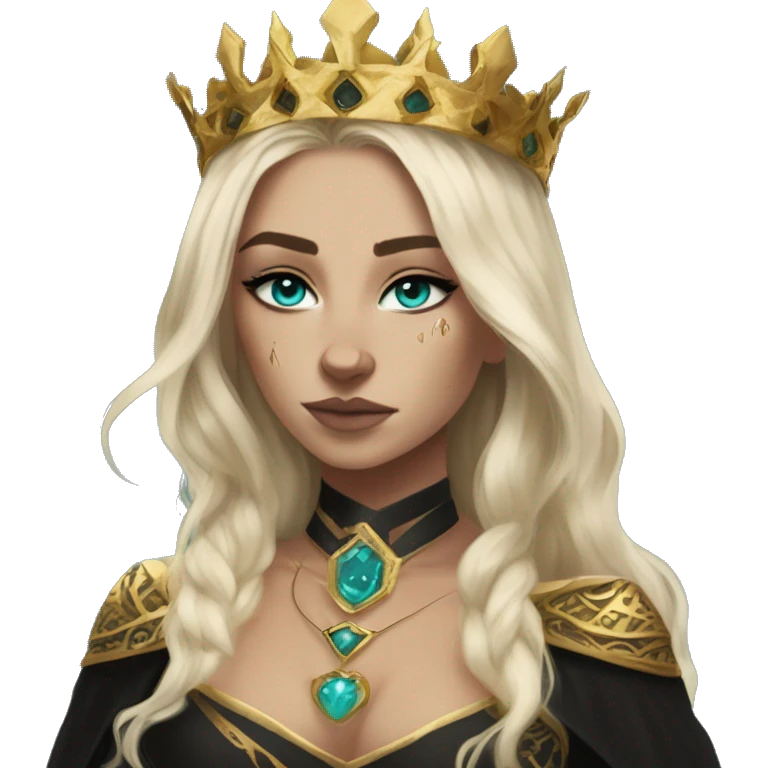 Aelin has white or golden blonde hair, turquoise eyes with a gold ring around the pupil, and tattoos and scars. Wearing a black and gold gown with a crown made of fire emoji