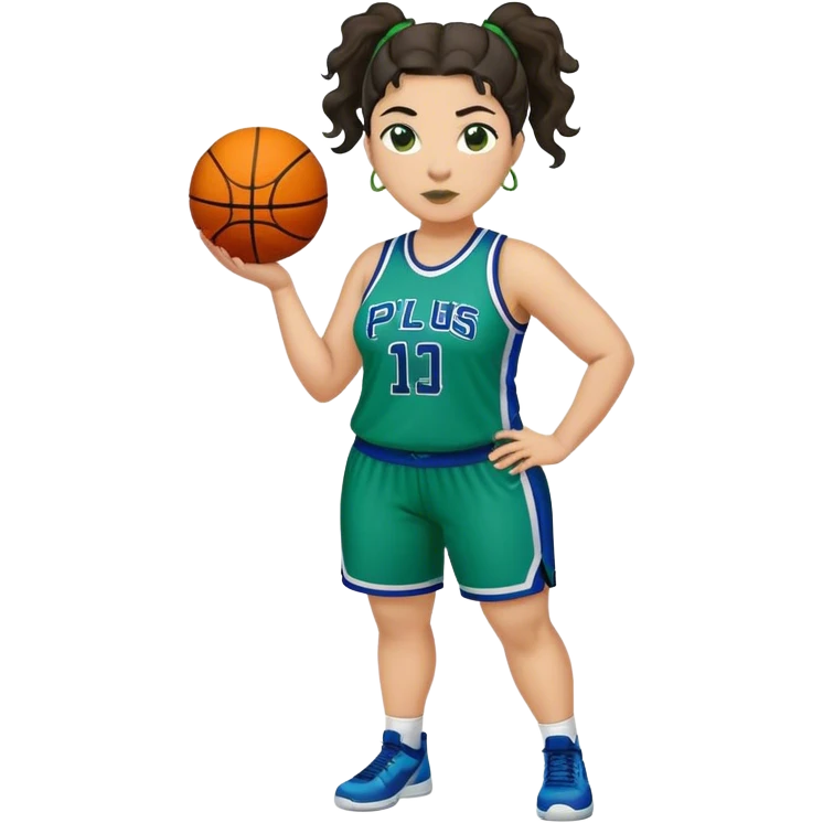full body plus size light skin latino women basketball player with wavy dark hair in pony tail wide nose wearing blue green  uniform emoji