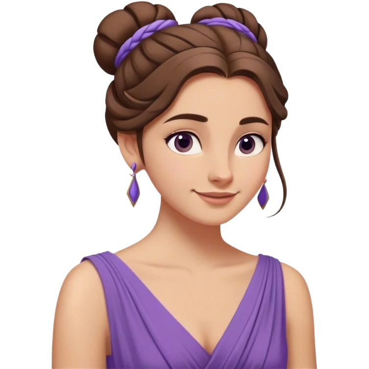 Femme aux longs cheveux bruns relevés en chignon lâche, robe violette fluide inspirée de la Grèce antique, regard en coin et sourire malicieux, style animation Disney emoji