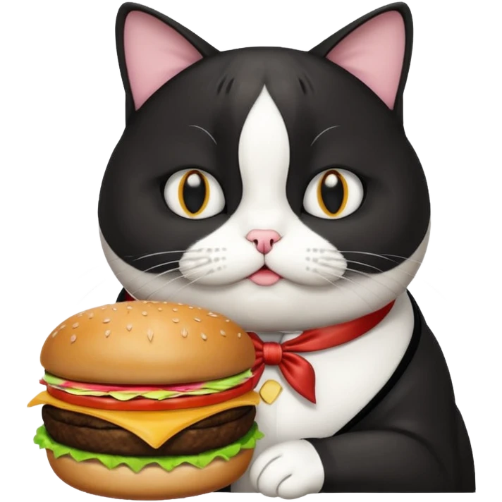 fat tuxedo cat eating a hamburger emoji