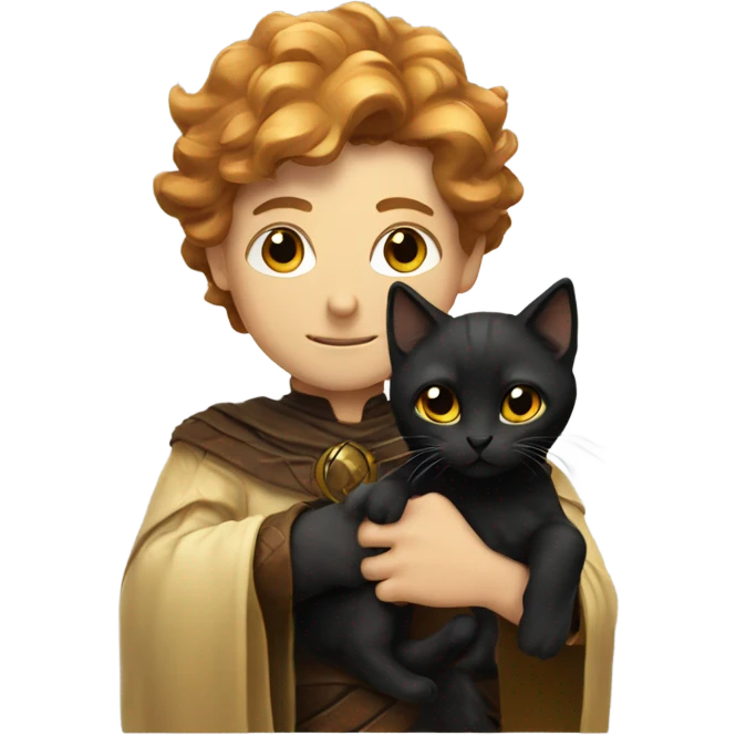 A sun warlock who is pale with brown hair and is holding a black kitten emoji