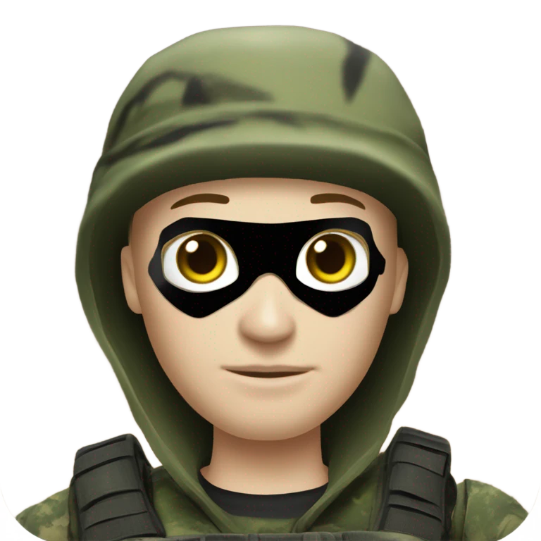 white male, pale skin, call of duty black mask, green camo tactical gear, combat boots, black beanie, hazel eyes emoji