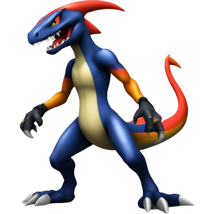 Black, Modern, Futuristic, Cool, Edgy, Badass Punk-style Garchomp-Charmeleon-Croconaw Fakémon-Digimon  full body emoji