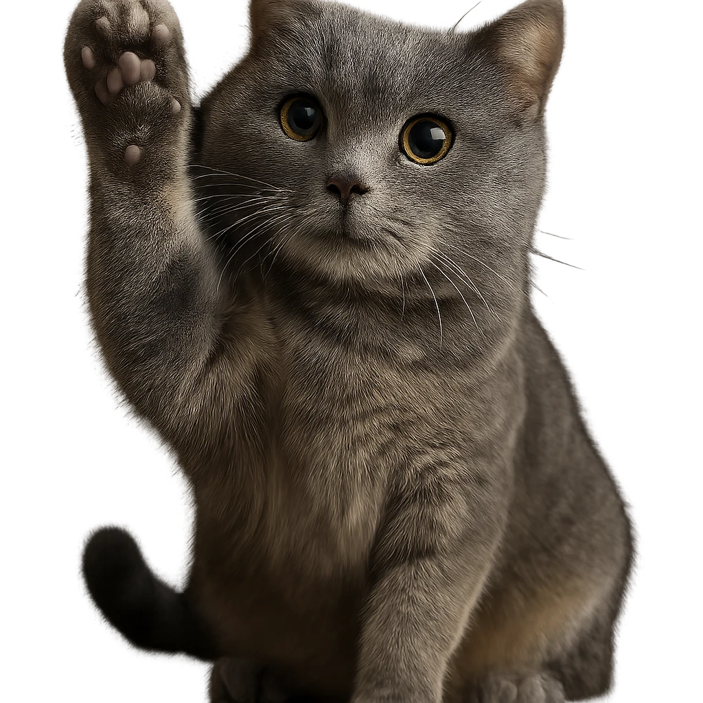 Make this British Shorthair cat with a raised paw and sparkling eyes look more realistic, keep the pose and expression, no background, photorealistic style. emoji