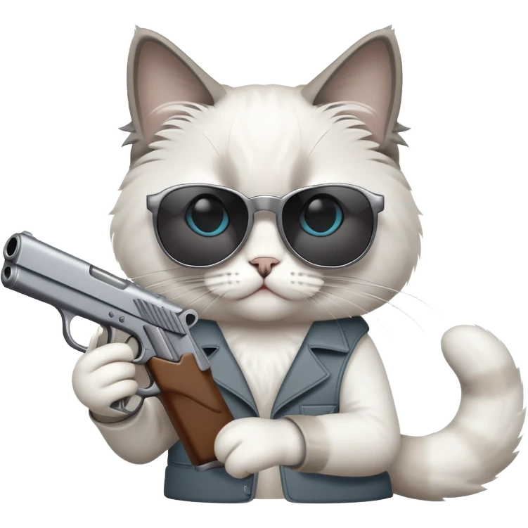 One ragdoll cat with sunglasses holding a gun emoji