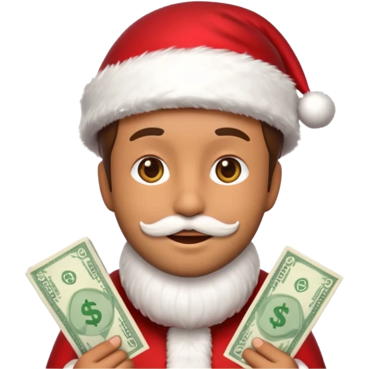 A confident rich emoji face wearing a Santa hat, money stacks, casino vibe, New Year theme, premium 3D emoji style, sharp details, no text, isolated on transparent background emoji